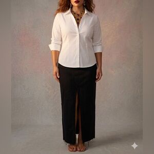 Happily Grey Black Denim Asymmetrical Front Split High Waisted Midi Skirt size 7